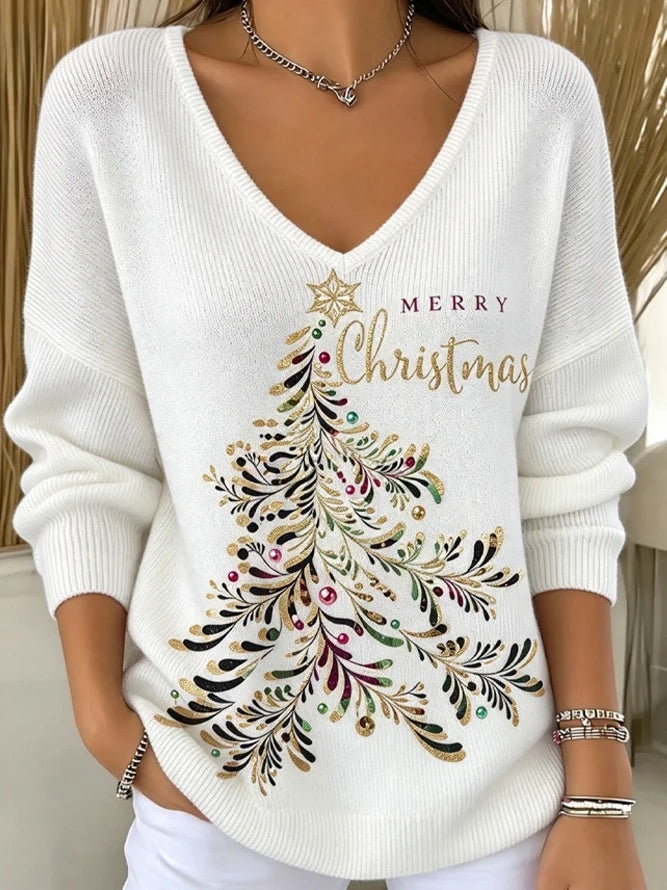 Women's Vintage Christmas Tree V Neck Long Sleeve Sweater