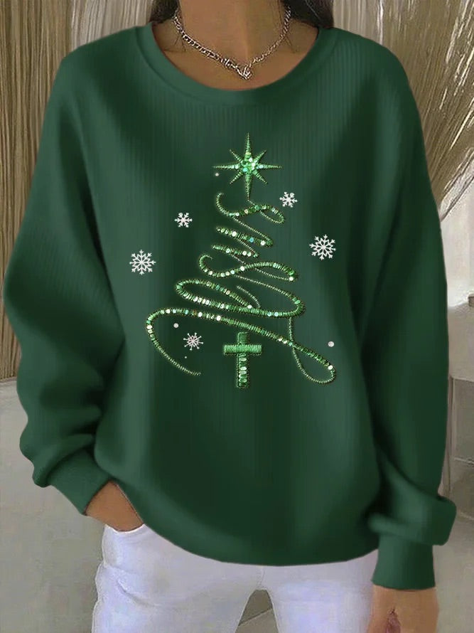Women Casual Christmas Tree Crew Neck Sweatshirt