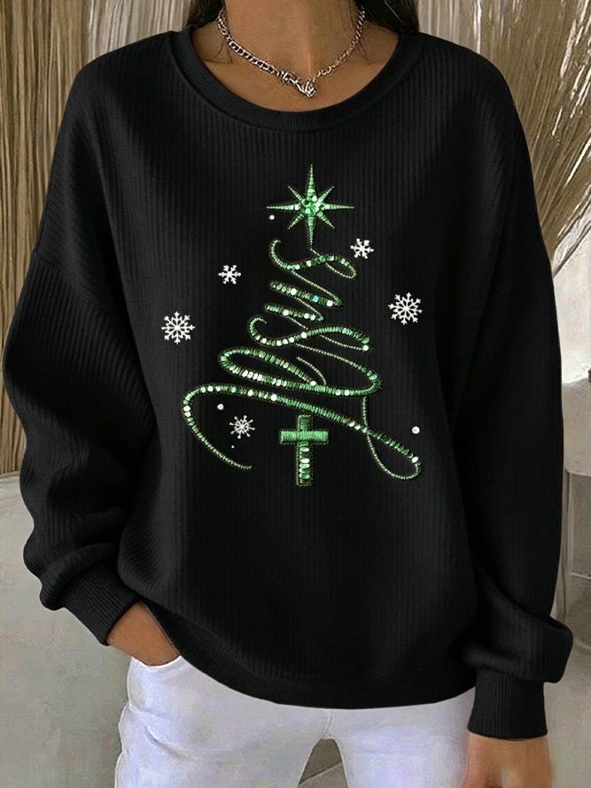 Women Casual Christmas Tree Crew Neck Sweatshirt