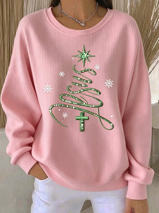 Women Casual Christmas Tree Crew Neck Sweatshirt