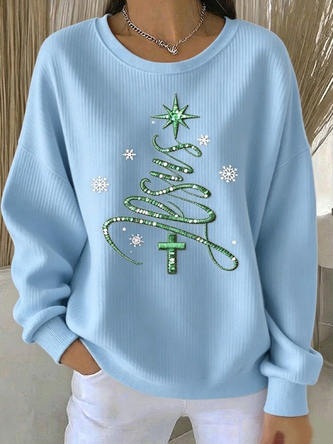 Women Casual Christmas Tree Crew Neck Sweatshirt