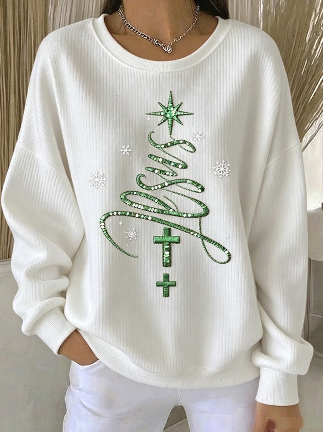 Women Casual Christmas Tree Crew Neck Sweatshirt