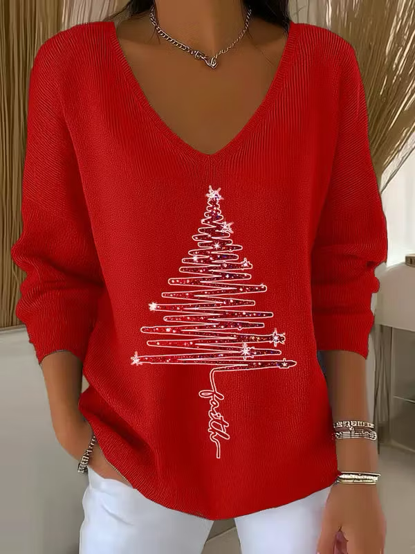 Women's Casual Vintage Christmas Tree V Neck Sweater
