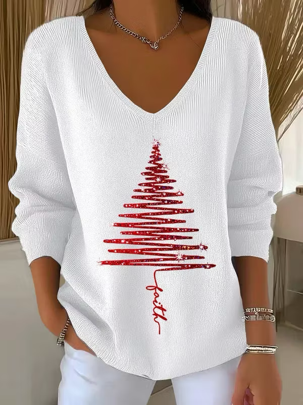Women's Casual Vintage Christmas Tree V Neck Sweater