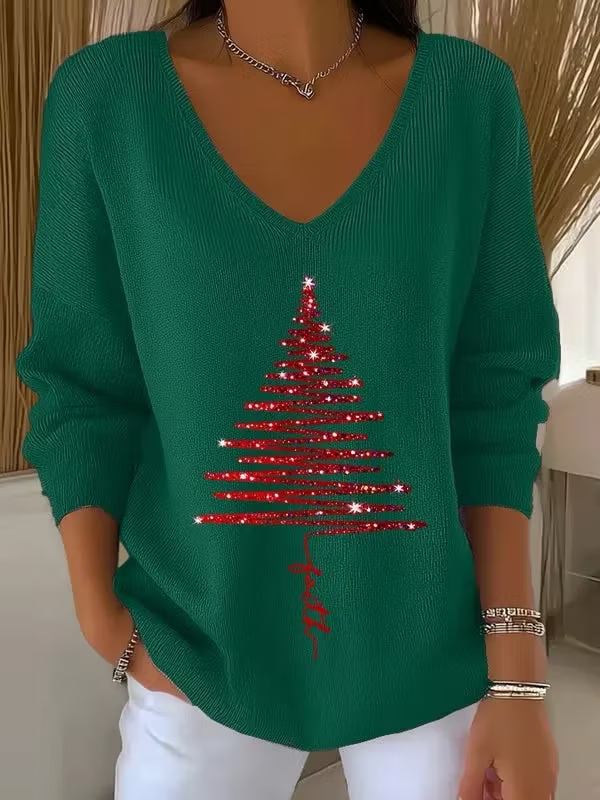 Women's Casual Vintage Christmas Tree V Neck Sweater