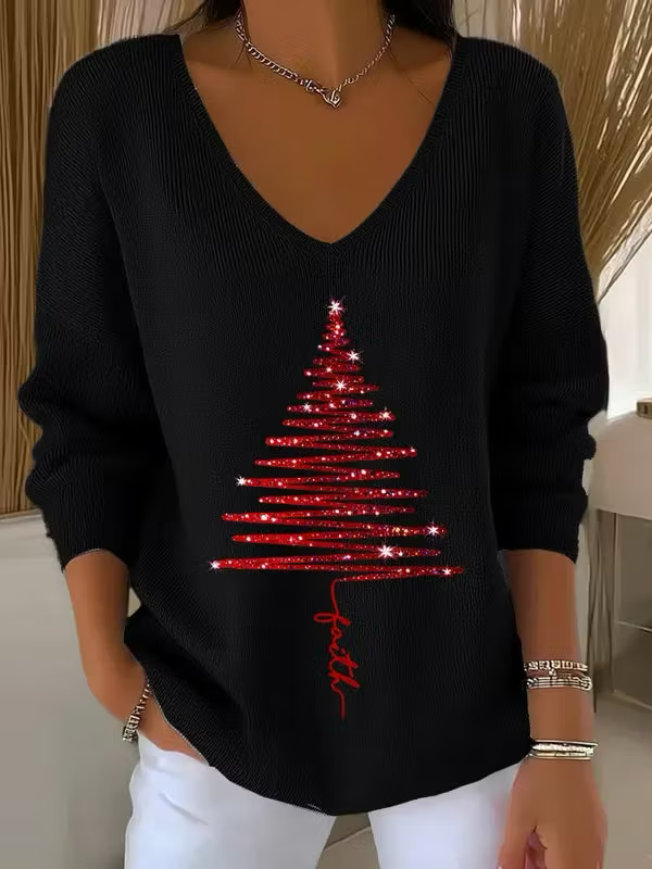 Women's Casual Vintage Christmas Tree V Neck Sweater