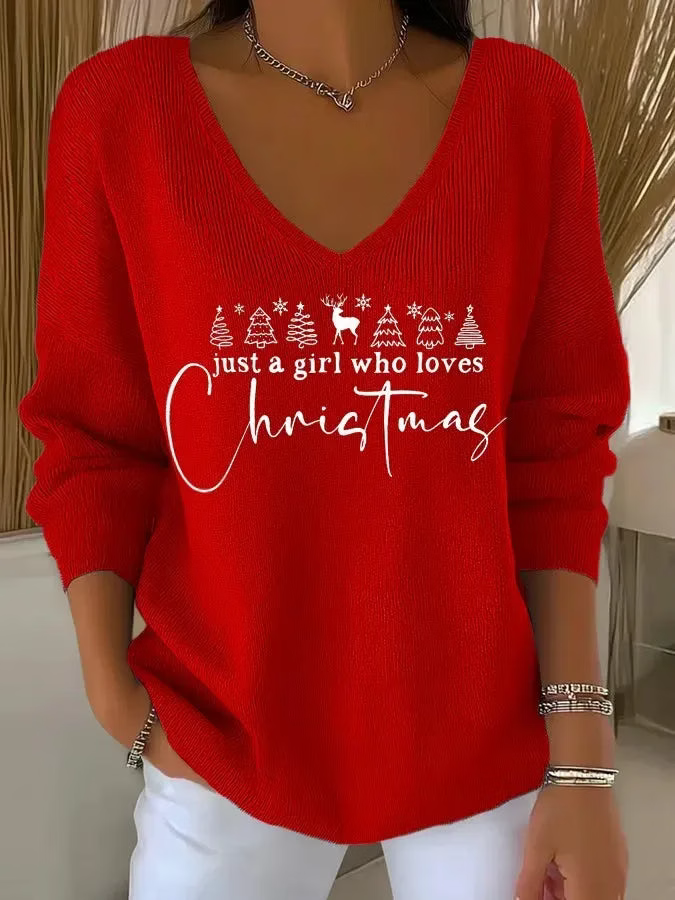 Women's Casual Vintage Merry Christmas V Neck Sweater