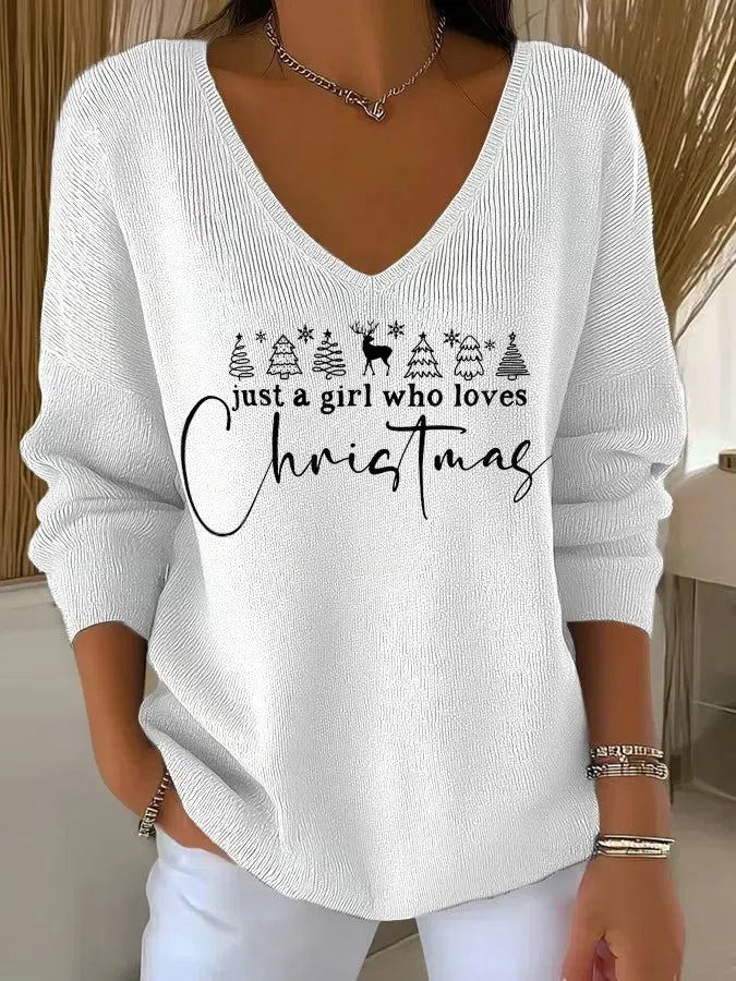 Women's Casual Vintage Merry Christmas V Neck Sweater