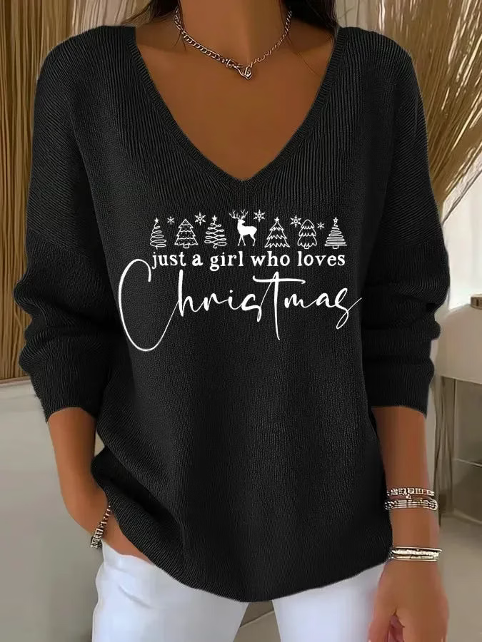 Women's Casual Vintage Merry Christmas V Neck Sweater
