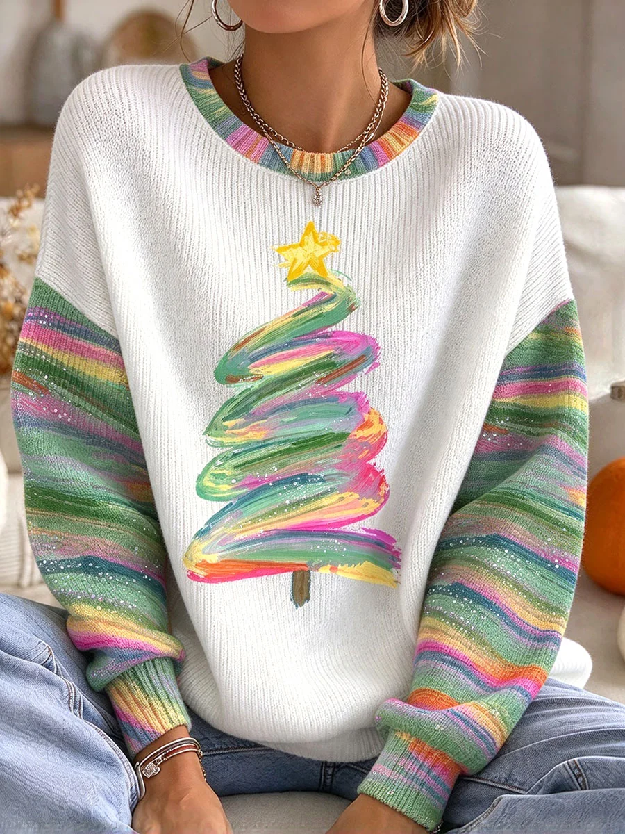 Women's Colorful Christmas Tree Crew Neck Sweater