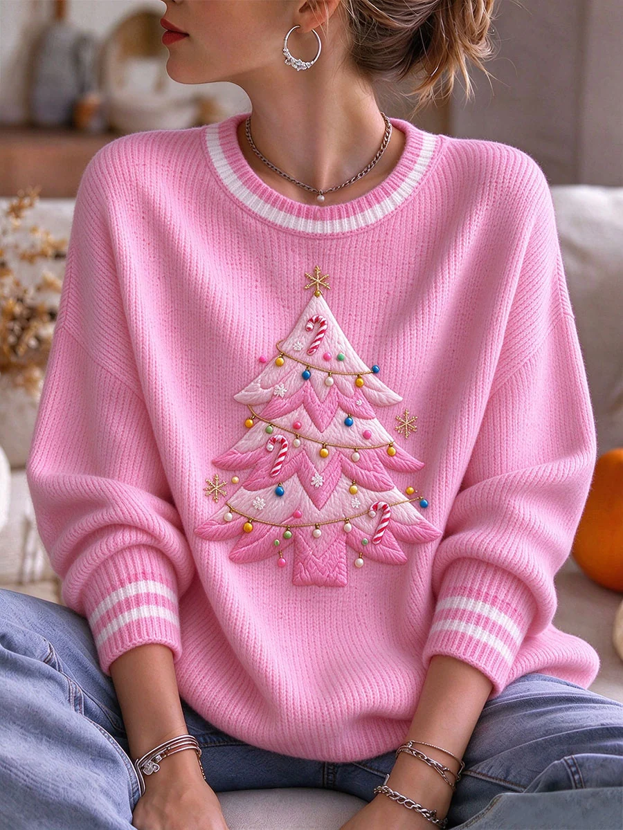 Women's Pink Christmas Tree Crew Neck Sweater
