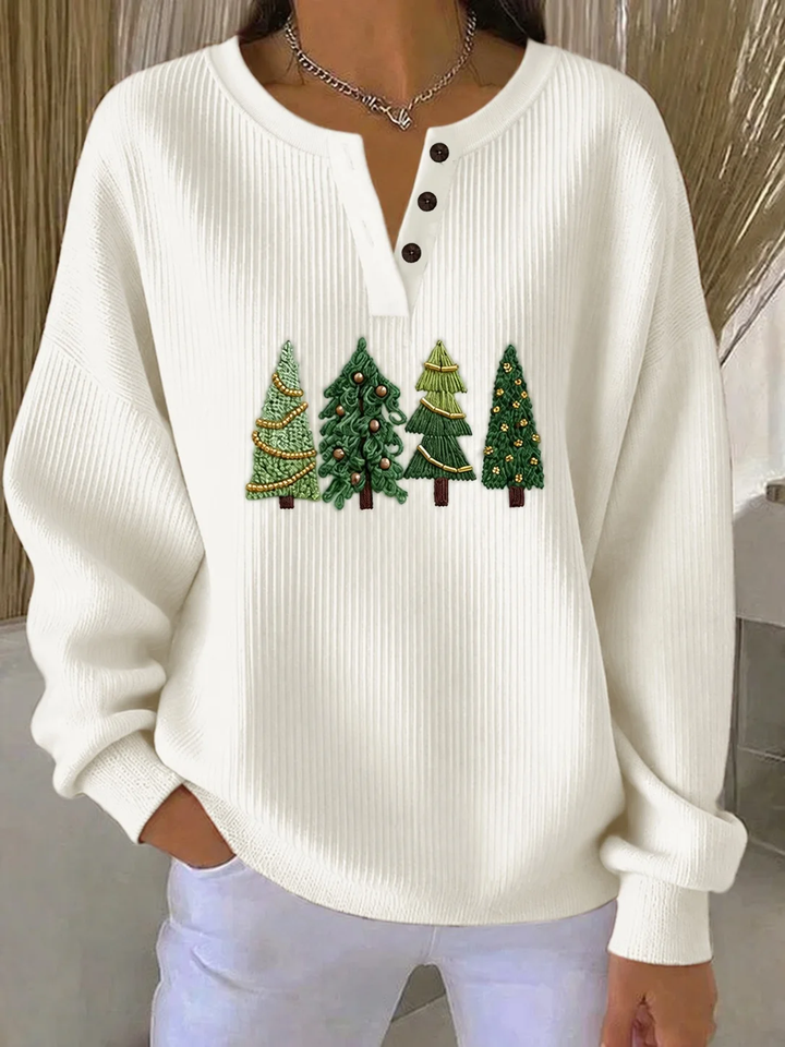Women's Casual Christmas Tree Henley Collar Long Sleeve Sweatshirt