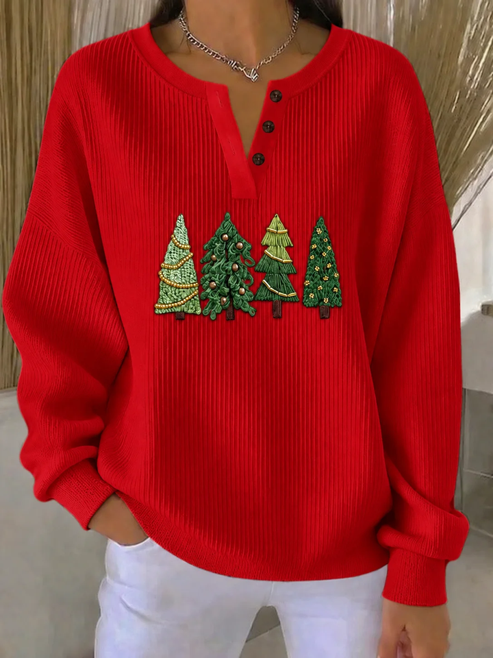 Women's Casual Christmas Tree Henley Collar Long Sleeve Sweatshirt