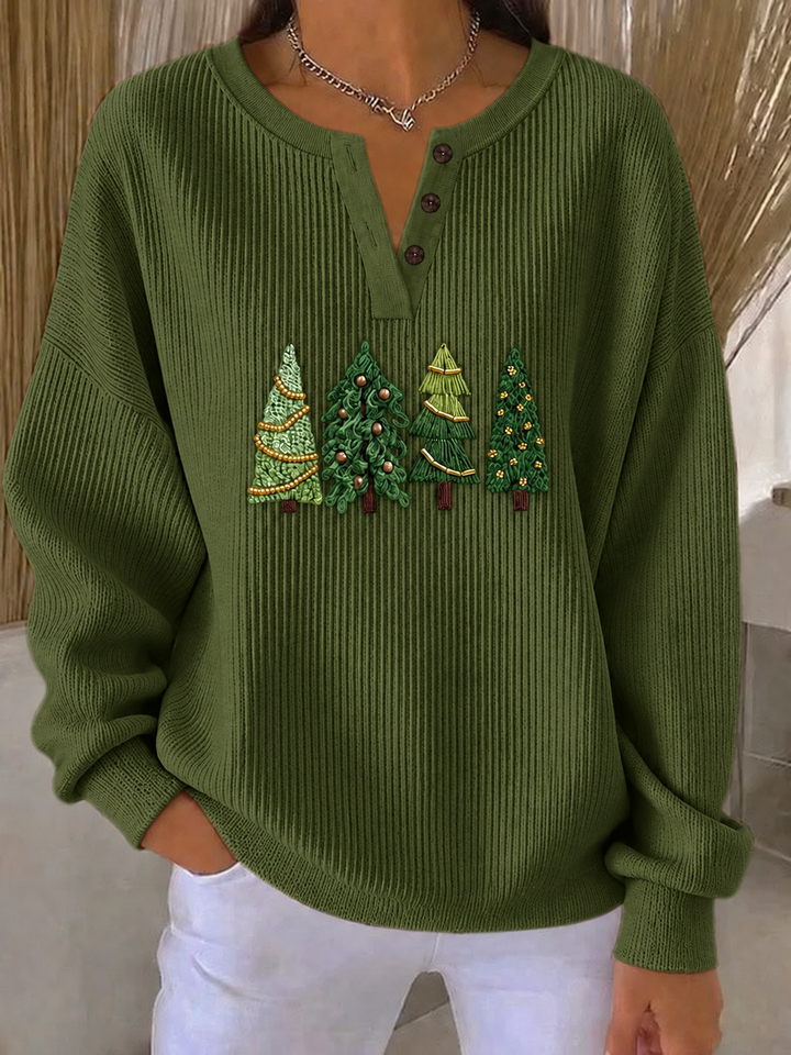 Women's Casual Christmas Tree Henley Collar Long Sleeve Sweatshirt