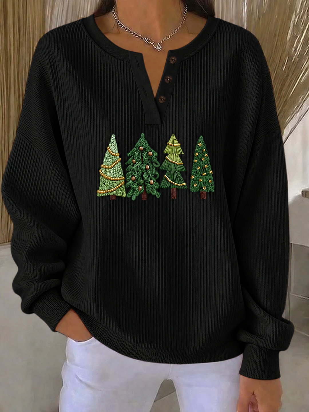 Women's Casual Christmas Tree Henley Collar Long Sleeve Sweatshirt