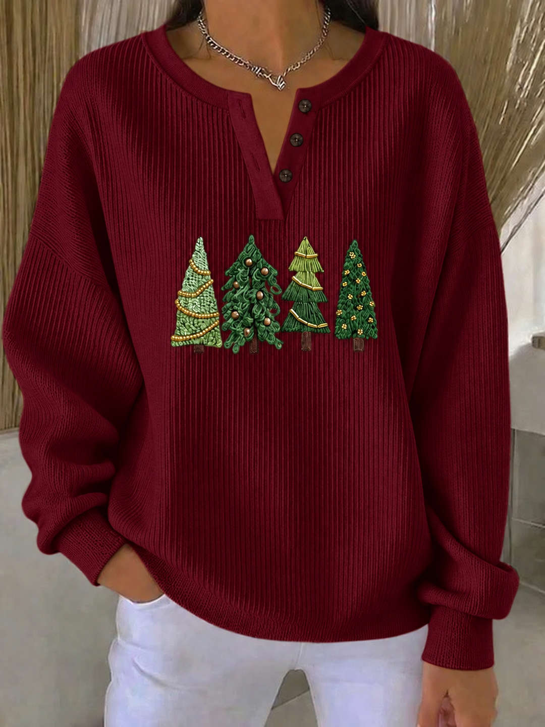 Women's Casual Christmas Tree Henley Collar Long Sleeve Sweatshirt