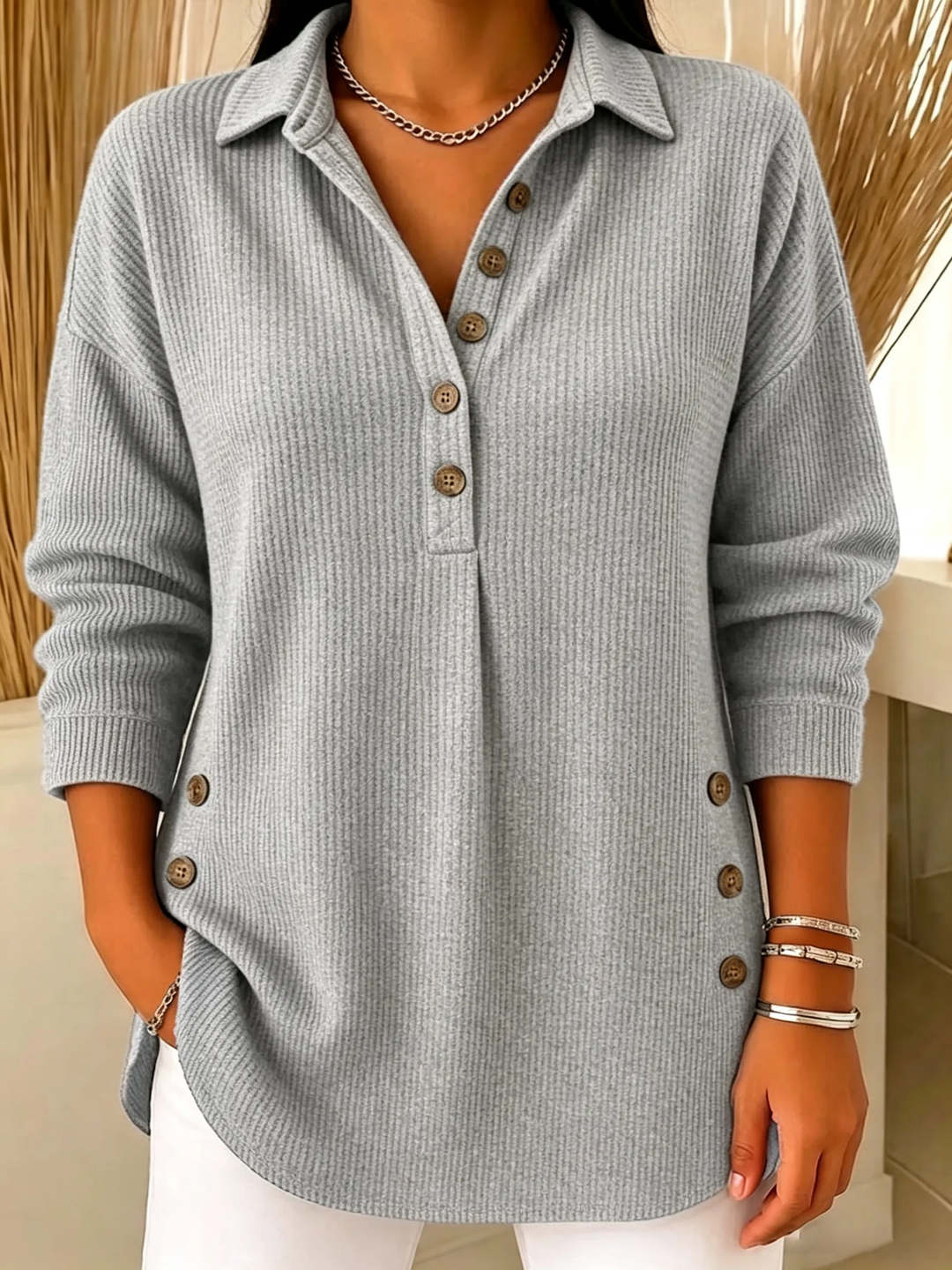 Women's Casual V-Neck Ribbed Knit Lapel Collar Sweatshirt