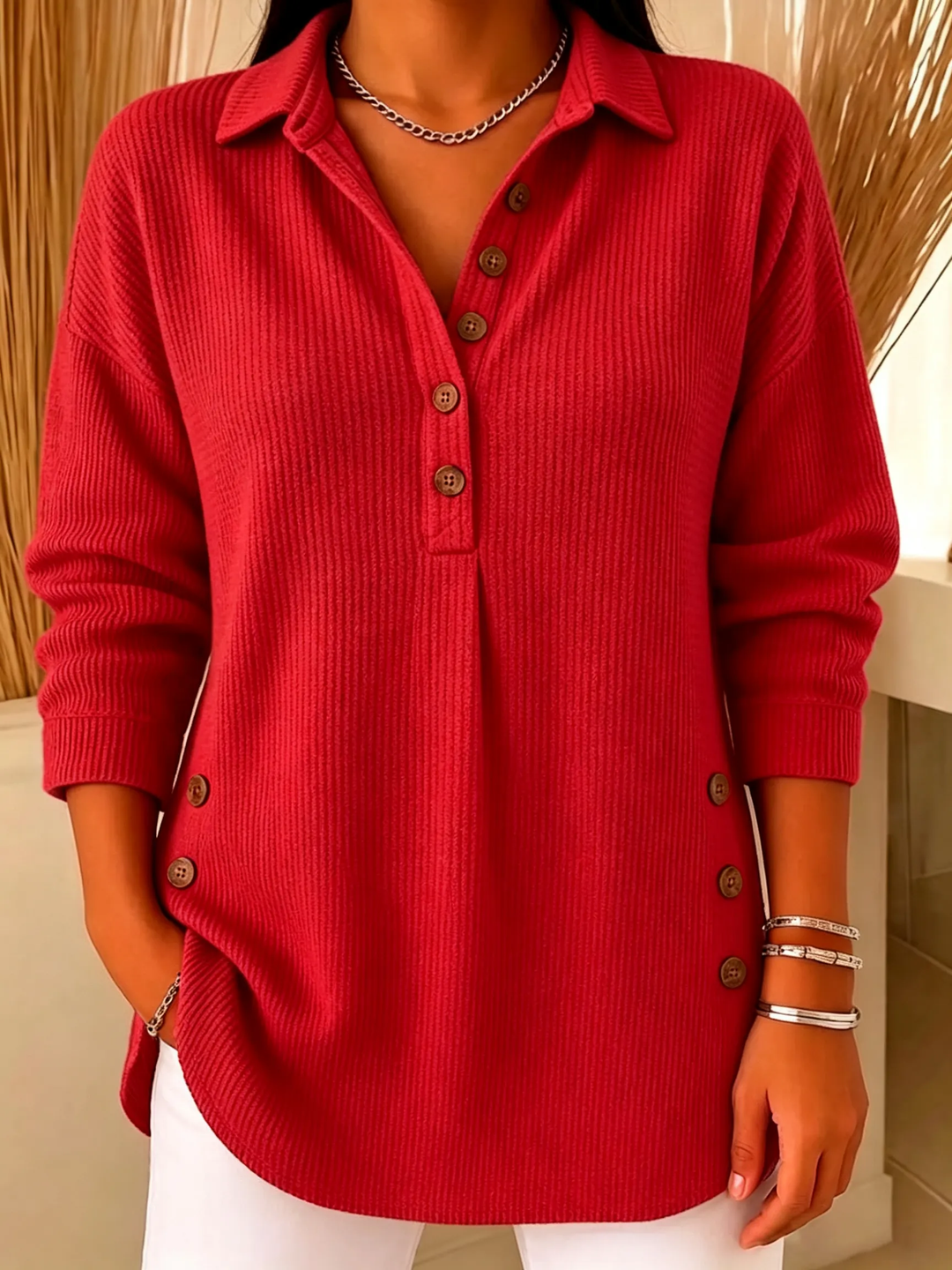 Women's Casual V-Neck Ribbed Knit Lapel Collar Sweatshirt