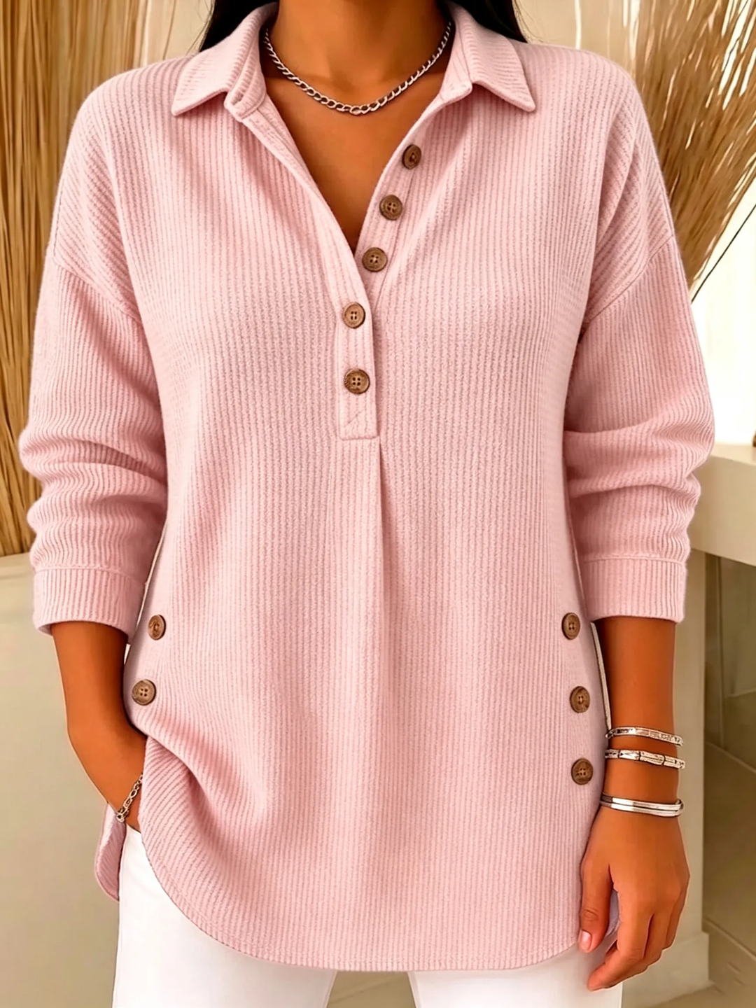 Women's Casual V-Neck Ribbed Knit Lapel Collar Sweatshirt