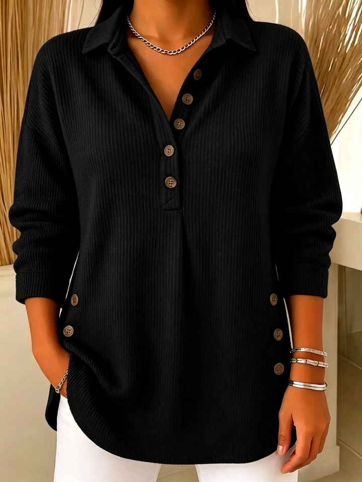 Women's Casual V-Neck Ribbed Knit Lapel Collar Sweatshirt