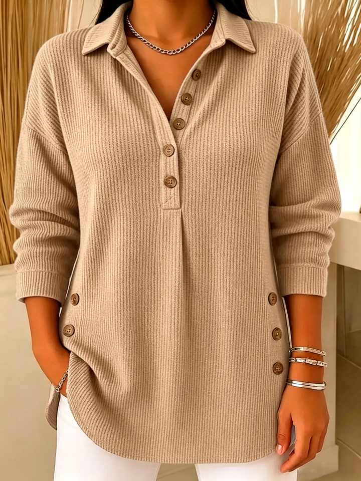 Women's Casual V-Neck Ribbed Knit Lapel Collar Sweatshirt