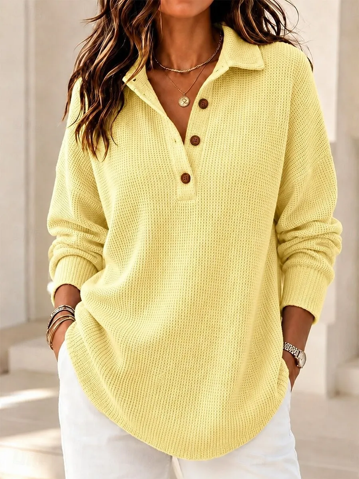 Women’s Waffle Knit Polo Shirt Long Sleeve Loose Top