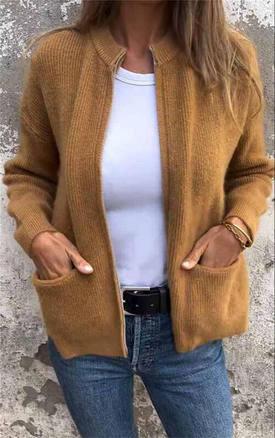 Women's  Round Neck Zipper Knitted Jacket