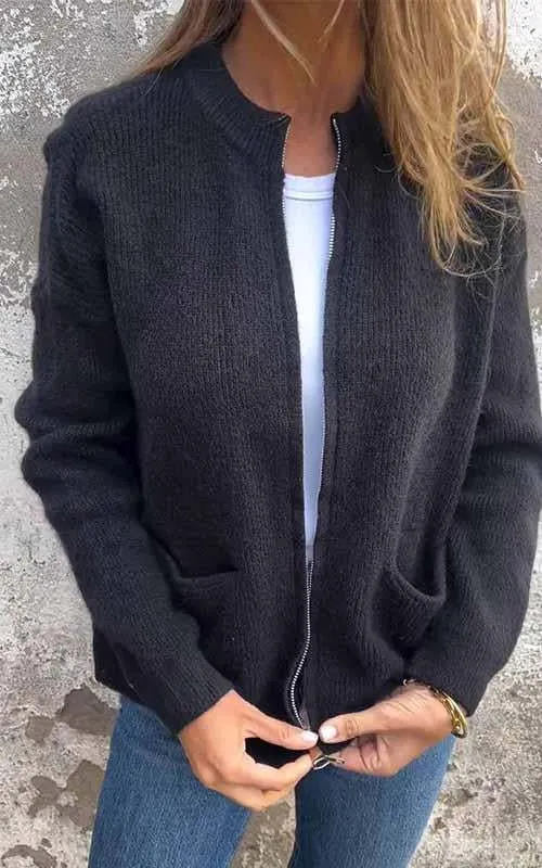 Women's  Round Neck Zipper Knitted Jacket
