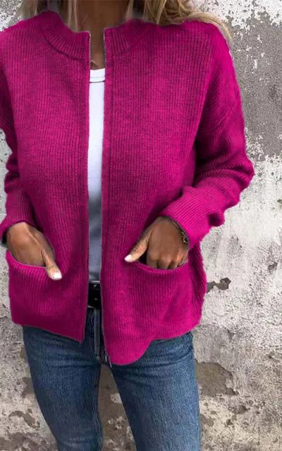 Women's  Round Neck Zipper Knitted Jacket