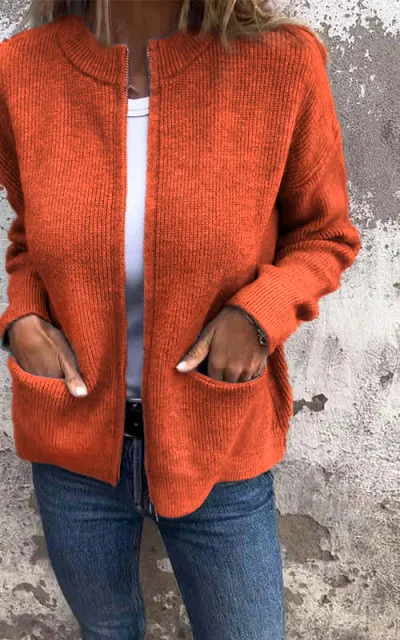 Women's  Round Neck Zipper Knitted Jacket