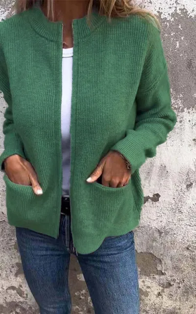 Women's  Round Neck Zipper Knitted Jacket