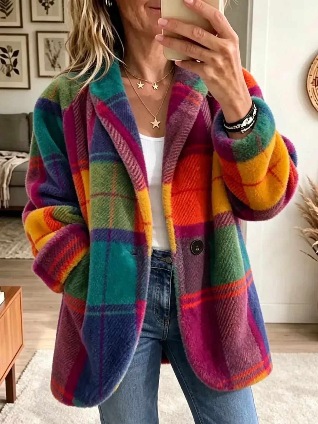 Women's  Vibrant Plaid Fuzzy Fleece Jacket