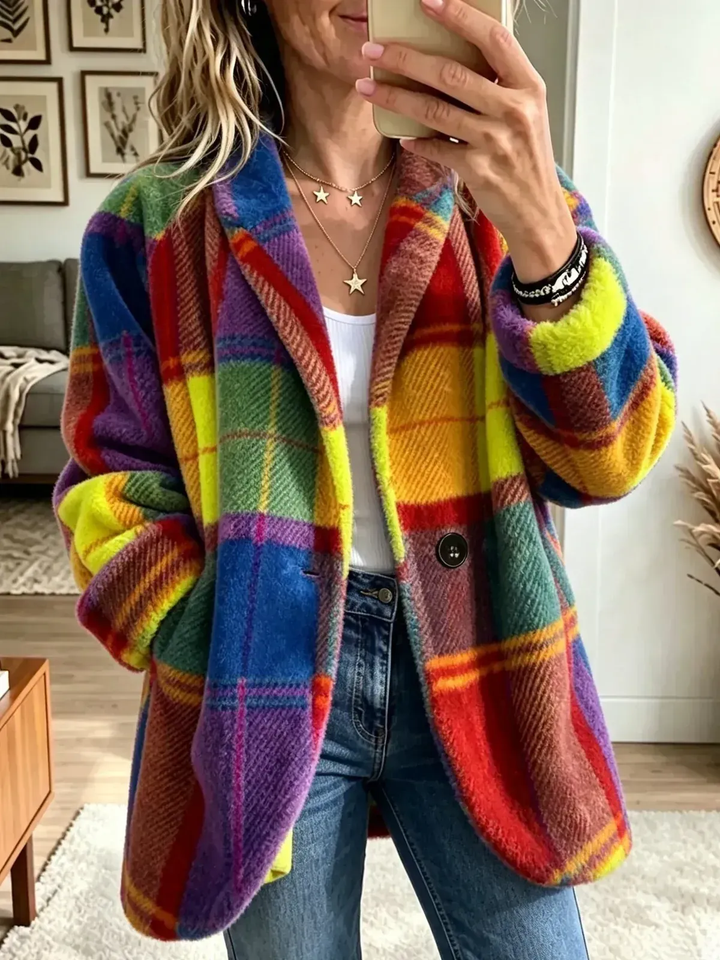 Women's  Vibrant Plaid Fuzzy Fleece Jacket