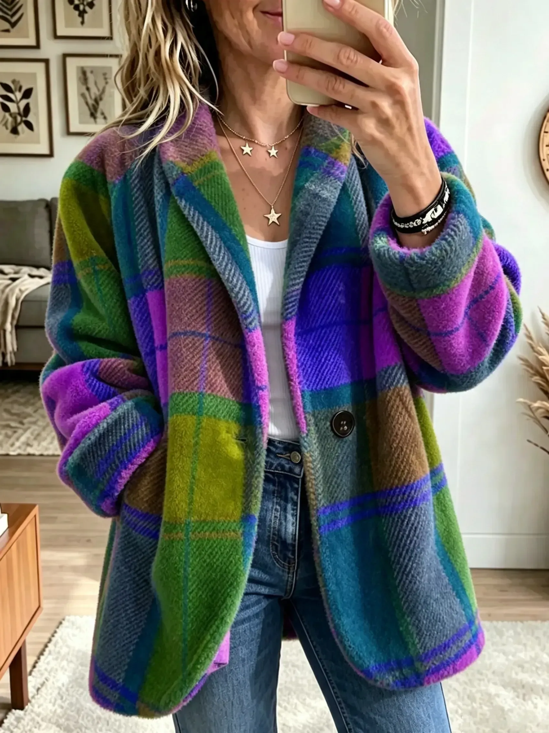 Women's  Vibrant Plaid Fuzzy Fleece Jacket