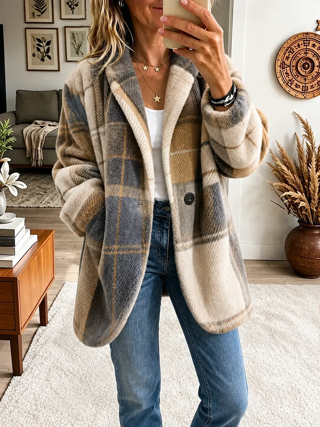 Women's  Vibrant Plaid Fuzzy Fleece Jacket