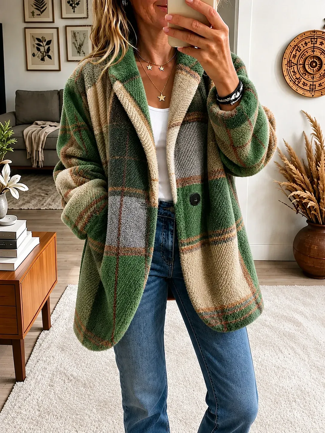 Women's  Vibrant Plaid Fuzzy Fleece Jacket