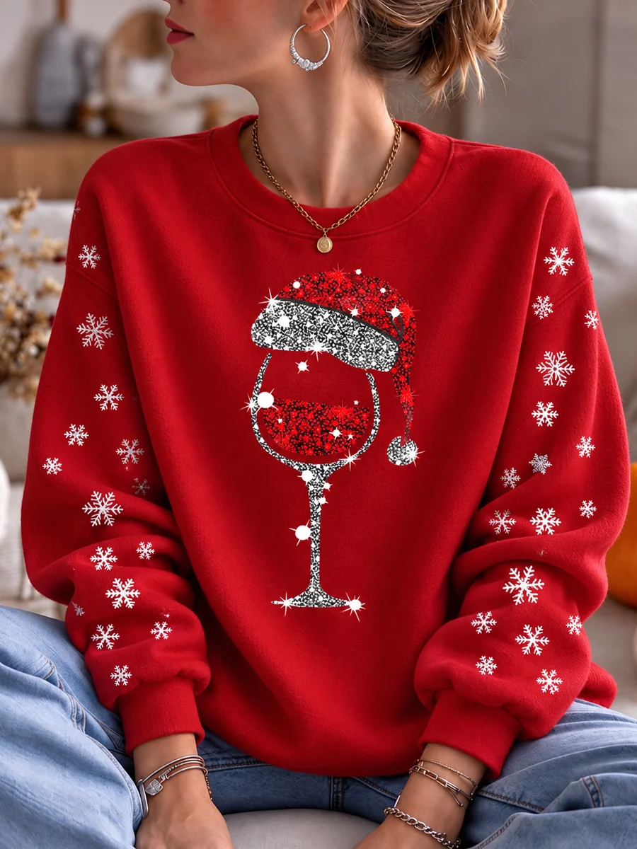 Women's Christmas Wine Glass Print Sweatshirt