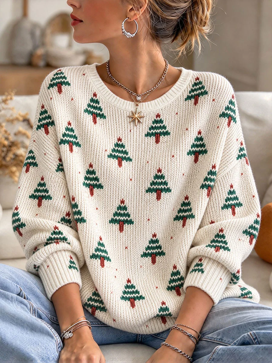 Women's Christmas Tree Crew Neck Long Sleeve Sweater