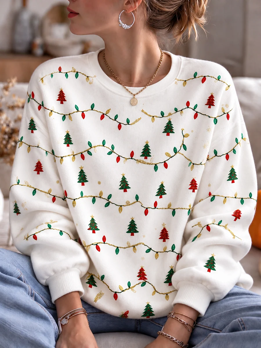 Women's Casual Christmas Print Round Collar Sweatshirt