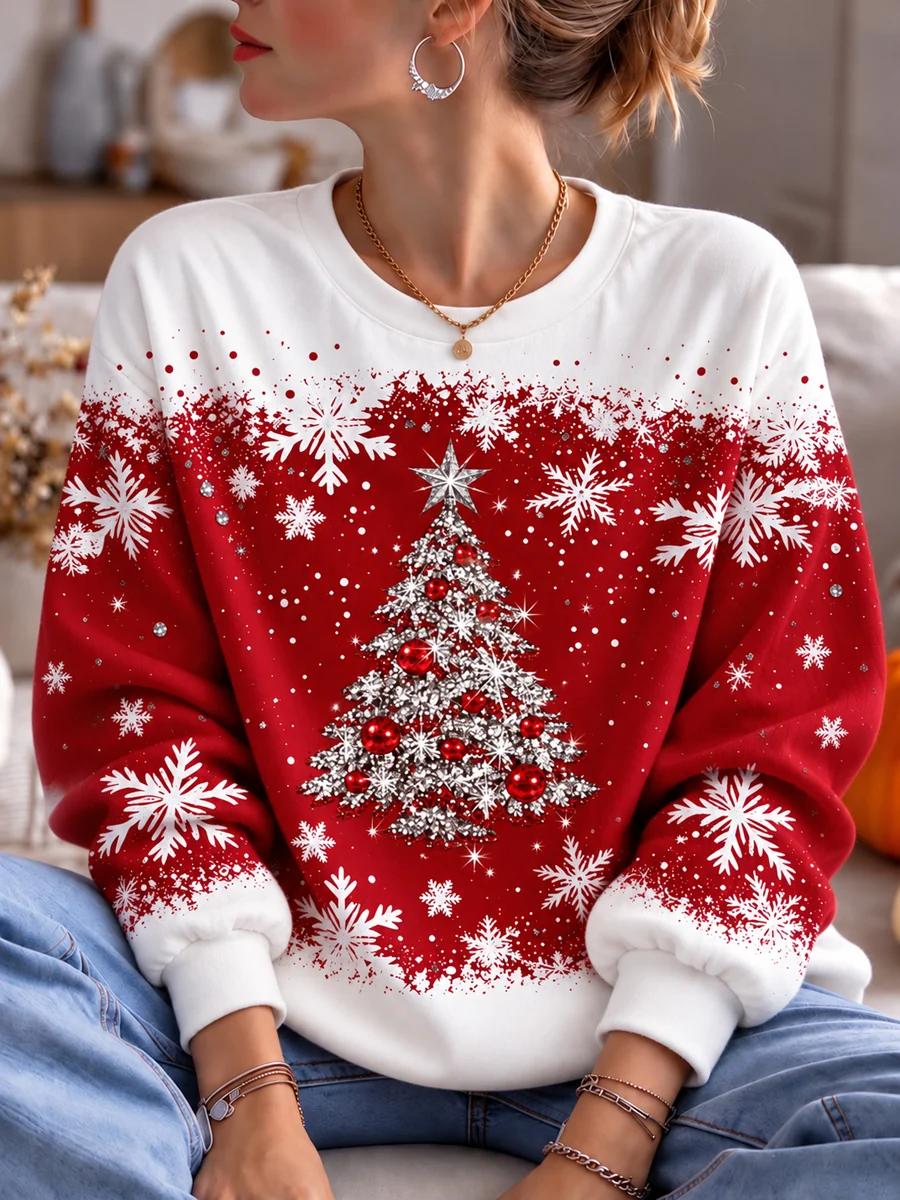 Women's Christmas Tree Snowflake Print Sweatshirt