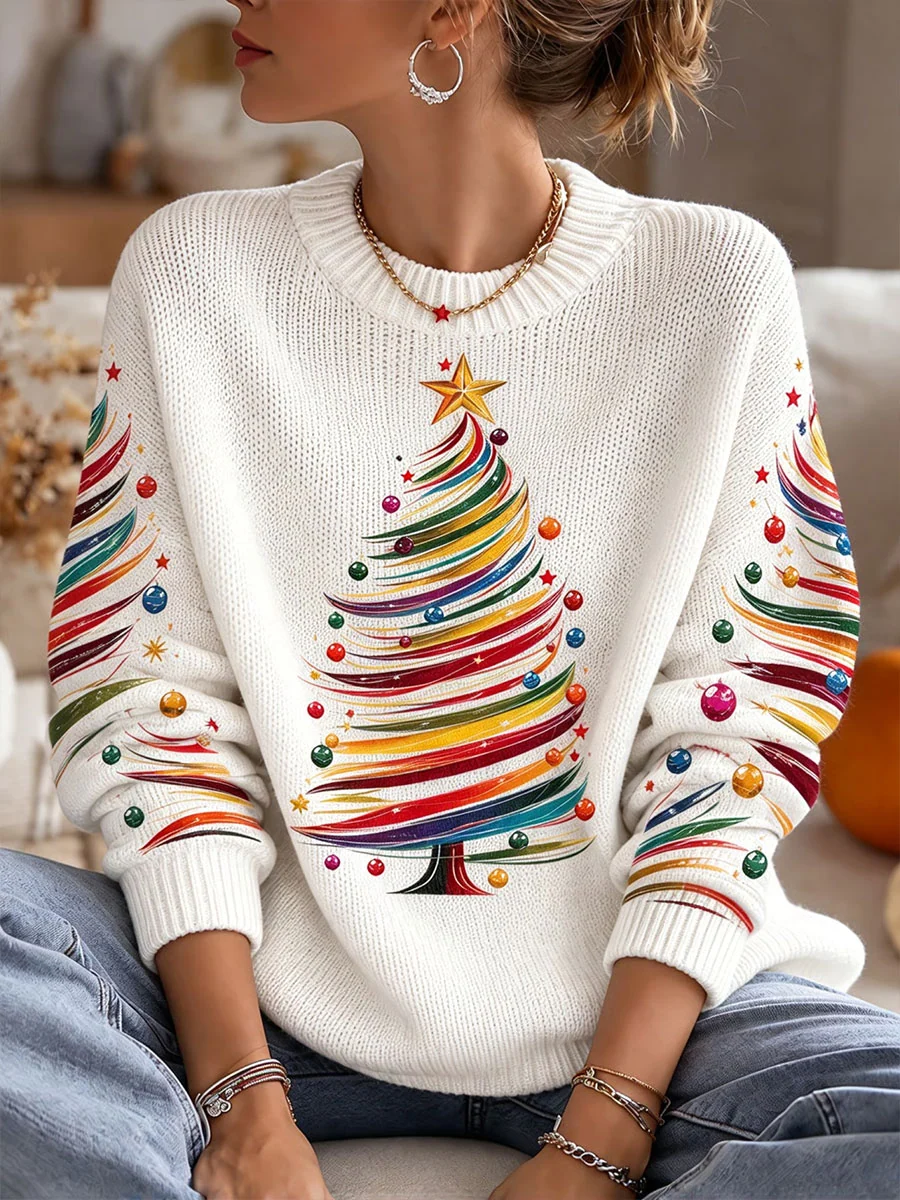 Women's Colorful Christmas Tree Crew Neck Sweater