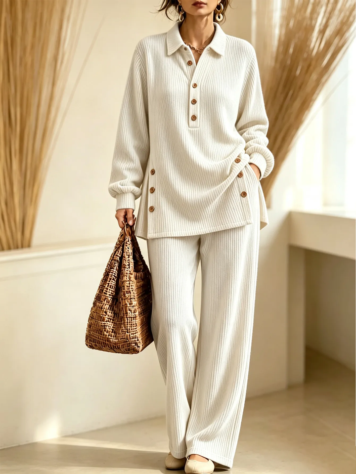 Women’s Knit Polo Set Button Placket Top & Wide Leg Pants Two-Piece Outfit