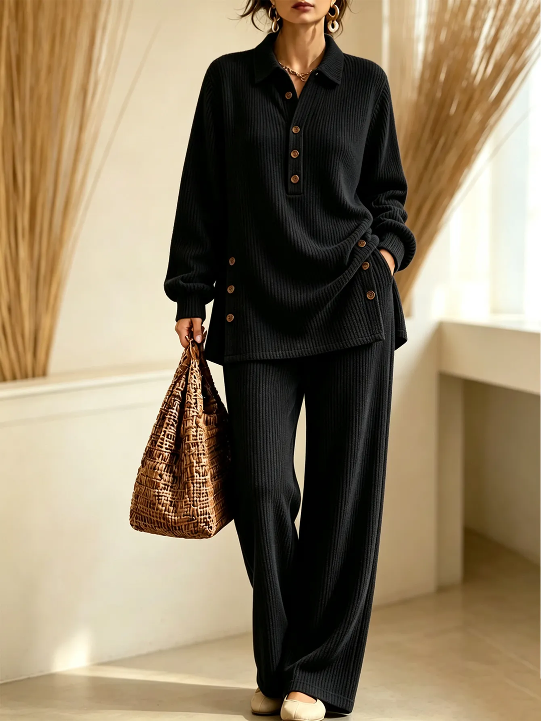 Women’s Knit Polo Set Button Placket Top & Wide Leg Pants Two-Piece Outfit