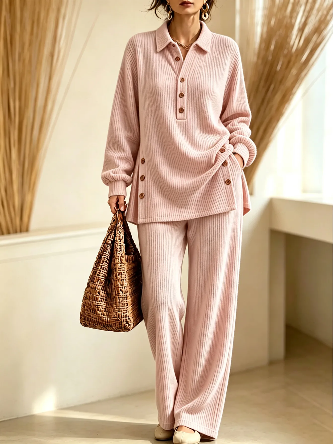 Women’s Knit Polo Set Button Placket Top & Wide Leg Pants Two-Piece Outfit