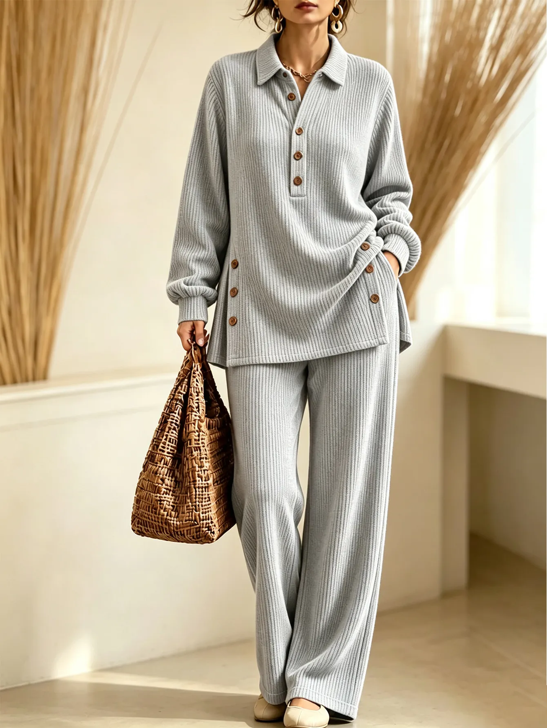 Women’s Knit Polo Set Button Placket Top & Wide Leg Pants Two-Piece Outfit