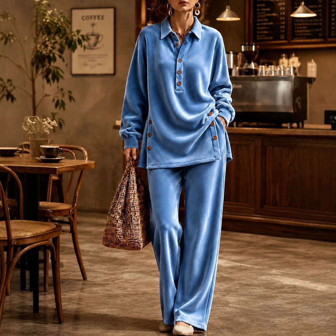 Women’s Casual Velvet Button Placket Top & Wide Leg Pants Two-Piece Outfit