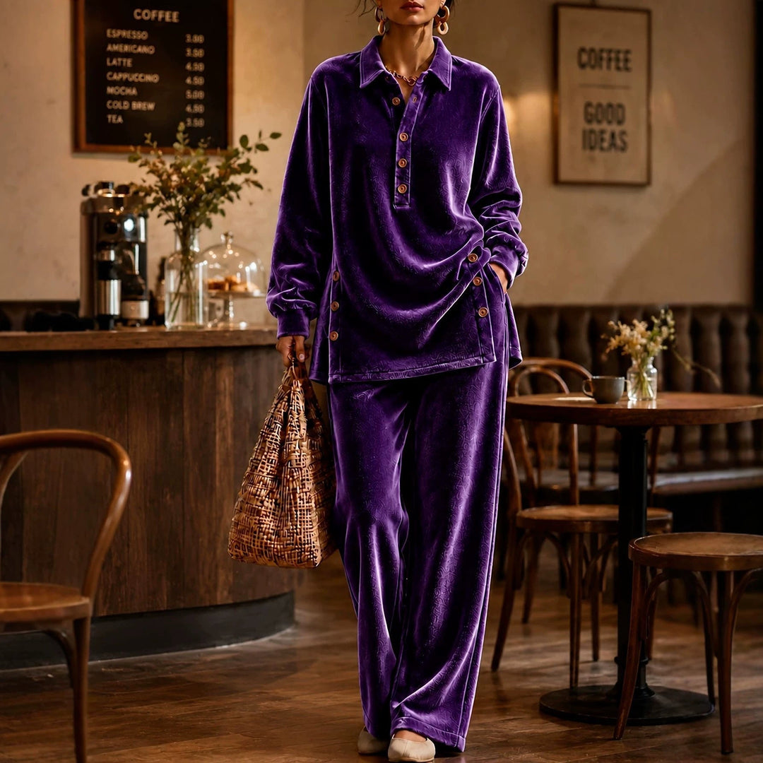 Women’s Casual Velvet Button Placket Top & Wide Leg Pants Two-Piece Outfit