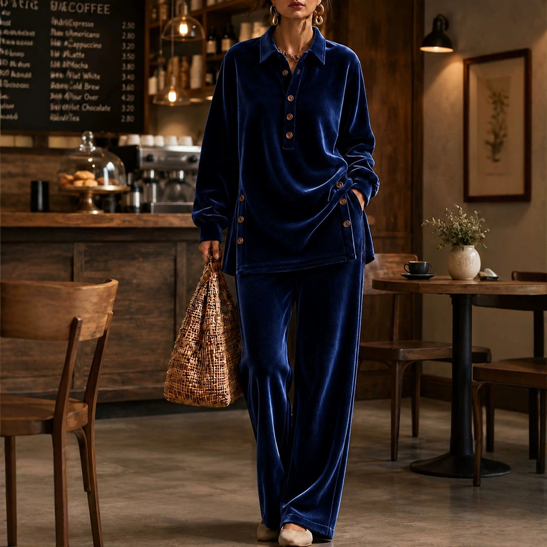 Women’s Casual Velvet Button Placket Top & Wide Leg Pants Two-Piece Outfit