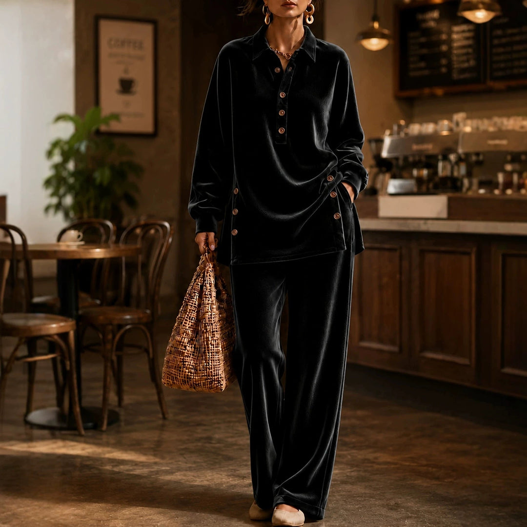 Women’s Casual Velvet Button Placket Top & Wide Leg Pants Two-Piece Outfit