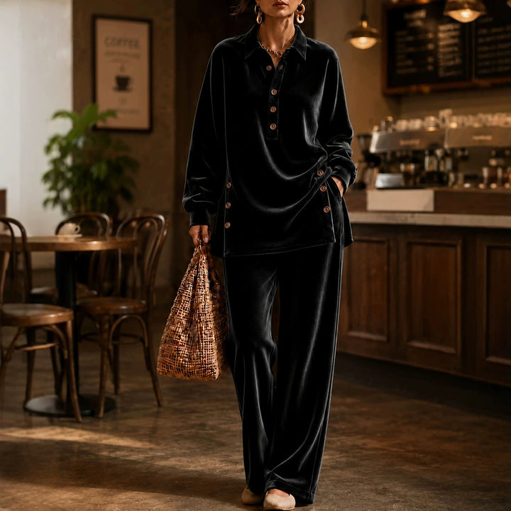 Women’s Casual Velvet Button Placket Top & Wide Leg Pants Two-Piece Outfit